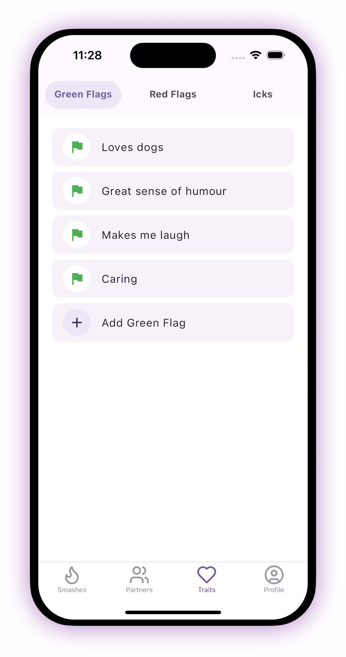 Smash Vault screen: green flags, red flags and icks tagged on a partner