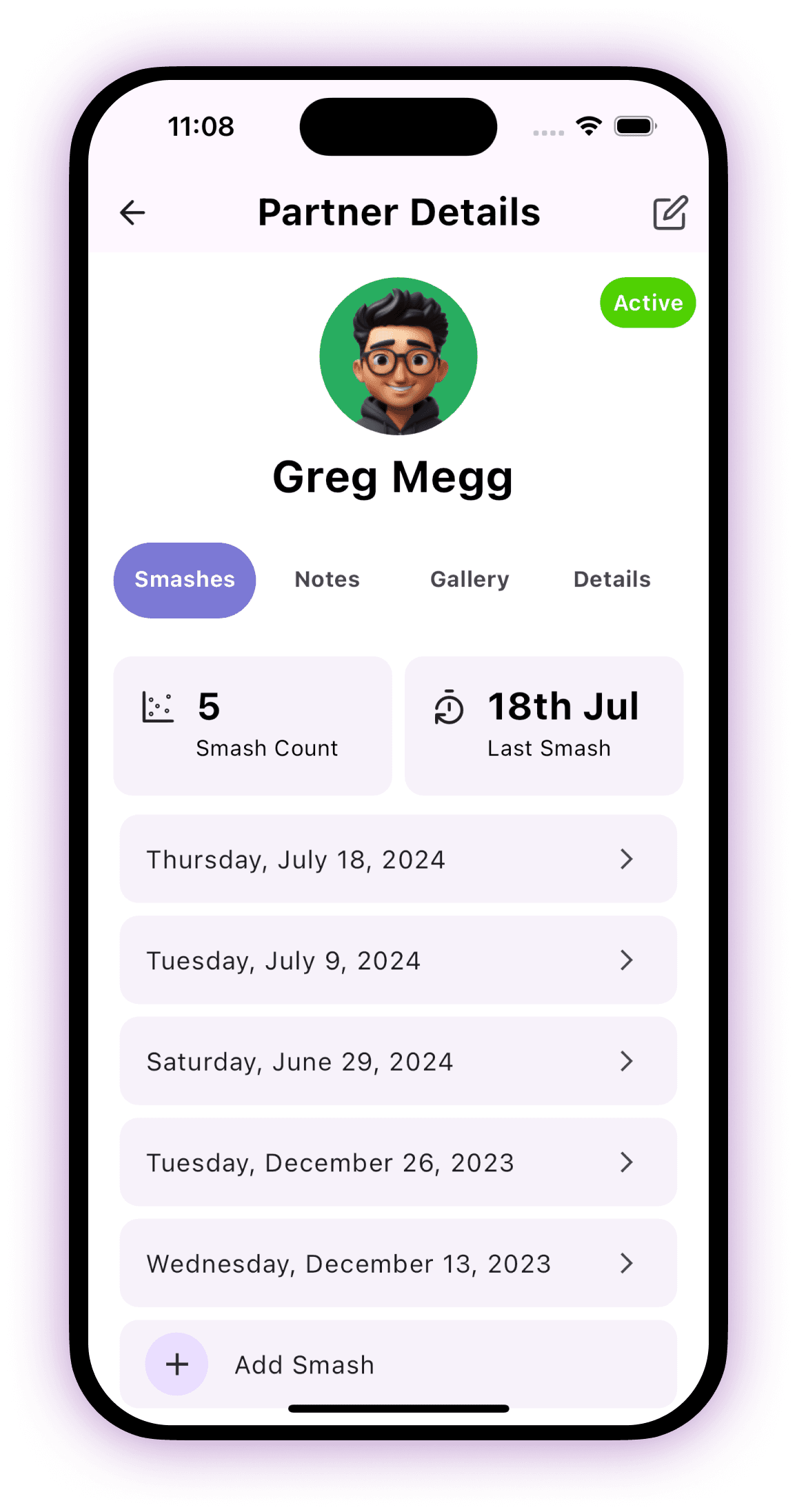 Smash Vault screen: partner details with smash count, last smash and history