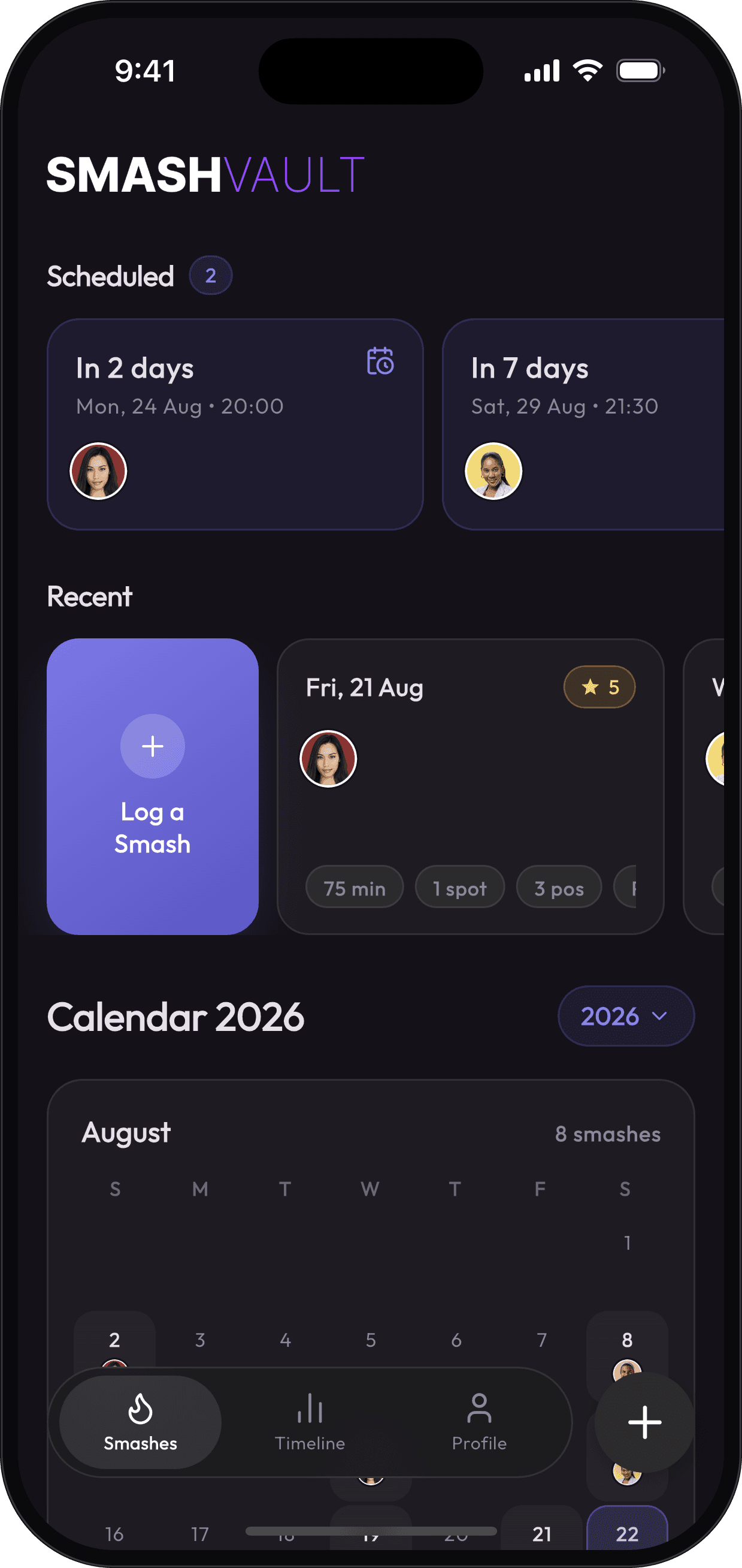 Smash Vault home screen: upcoming plans, recent entries and the year calendar