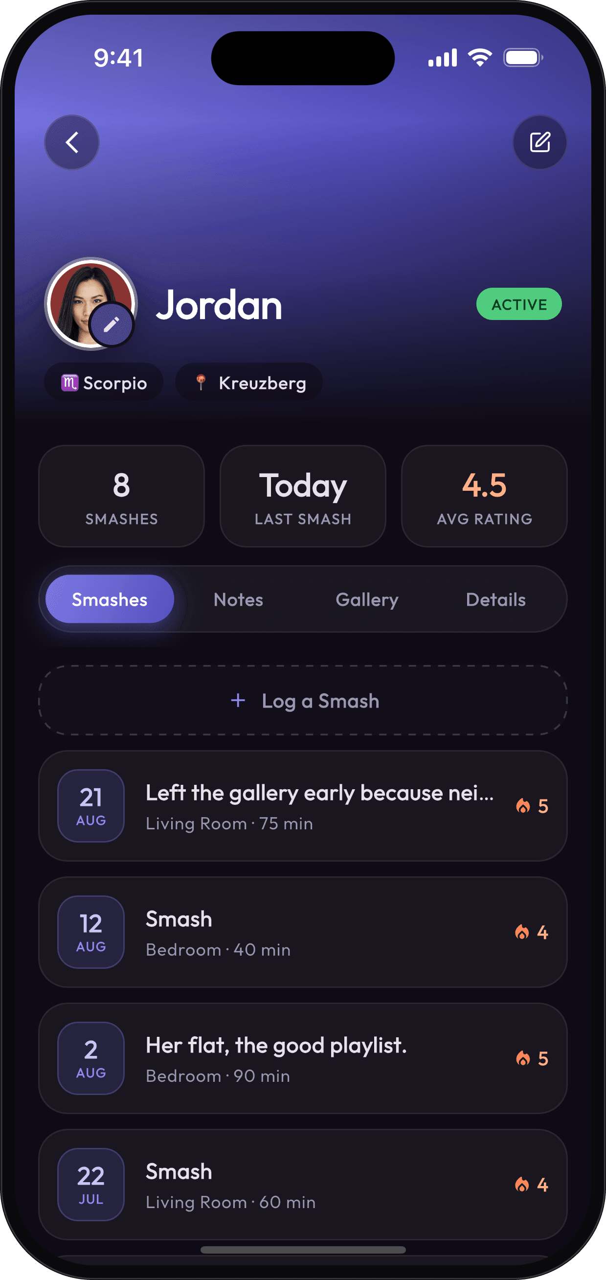 Smash Vault screen: partner details with smash count, last smash and history