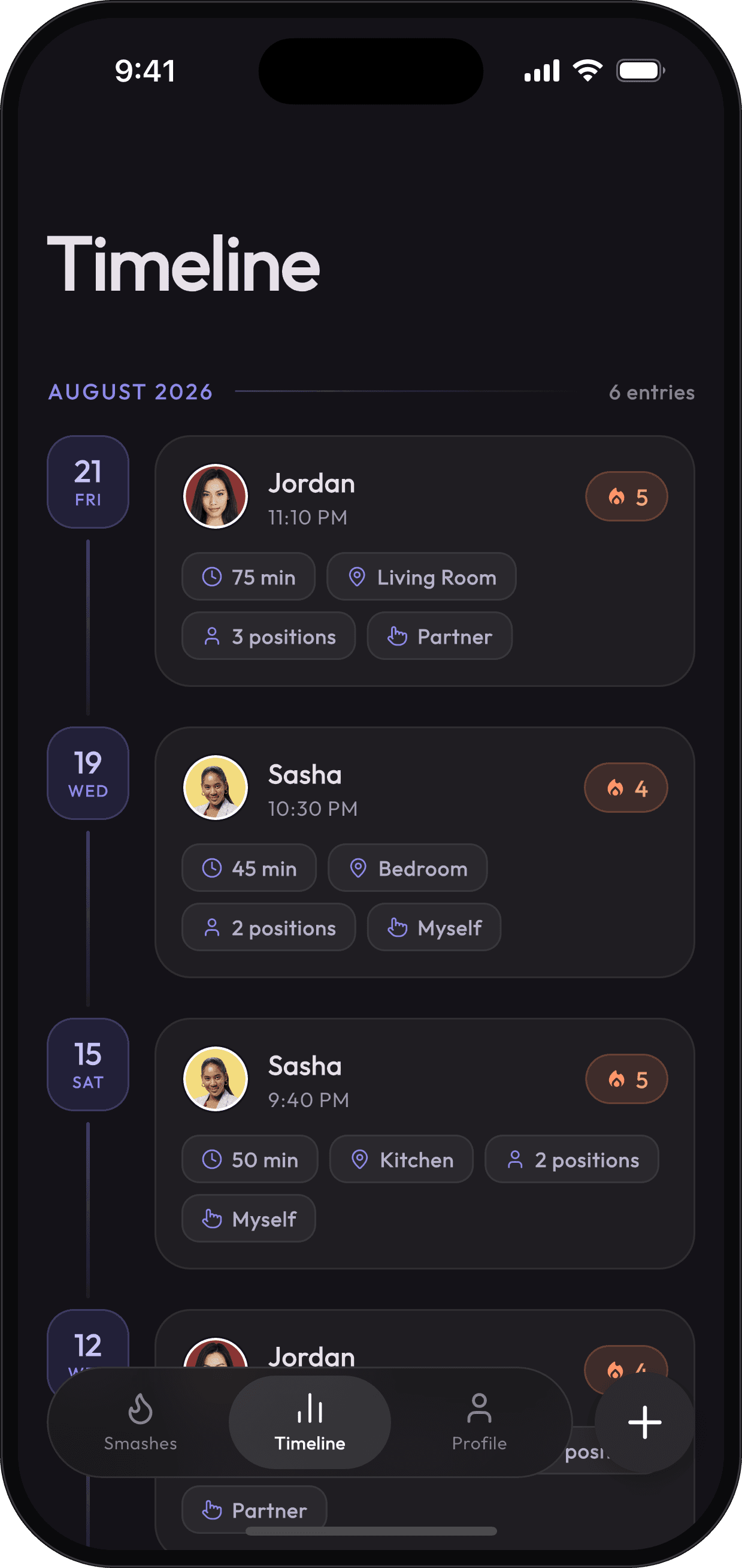 Smash Vault screen: a dated timeline of encounters with duration, location and rating